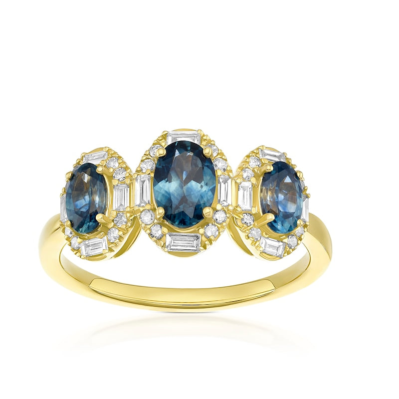 9ct Yellow Gold Montana Blue Sapphire & 0.25ct Diamond Trilogy Ring