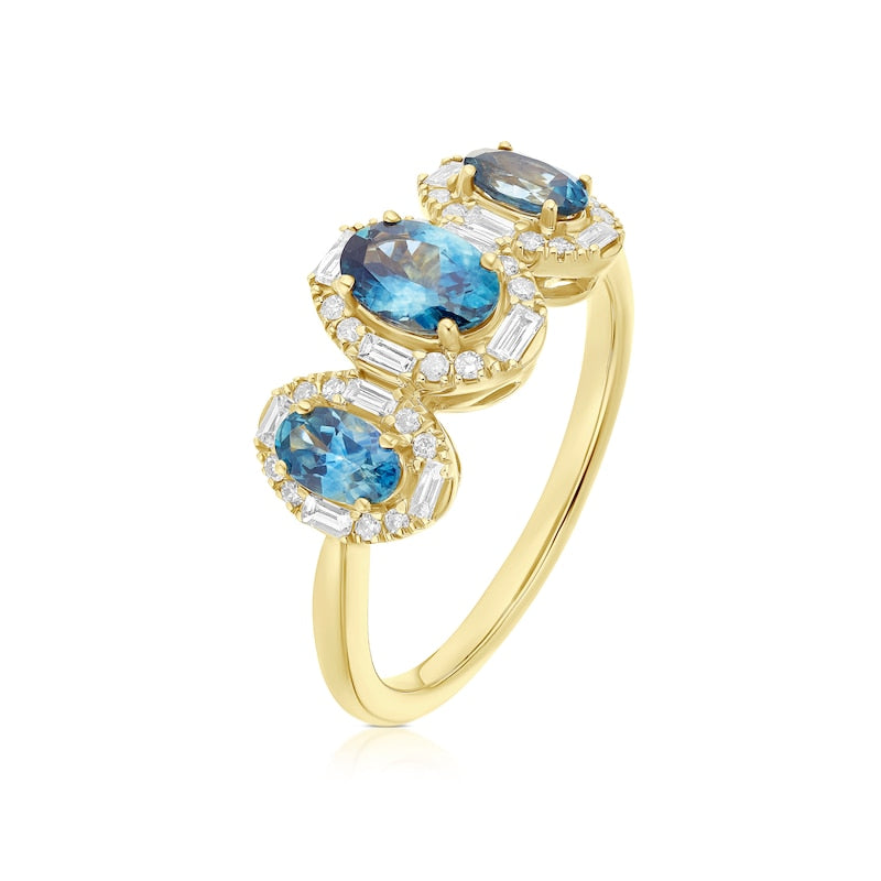 9ct Yellow Gold Montana Blue Sapphire & 0.25ct Diamond Trilogy Ring