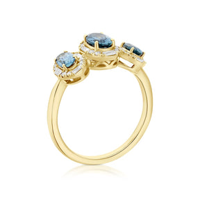 9ct Yellow Gold Montana Blue Sapphire & 0.25ct Diamond Trilogy Ring