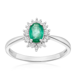 9ct White Gold Emerald & 0.07ct Diamond Halo Ring