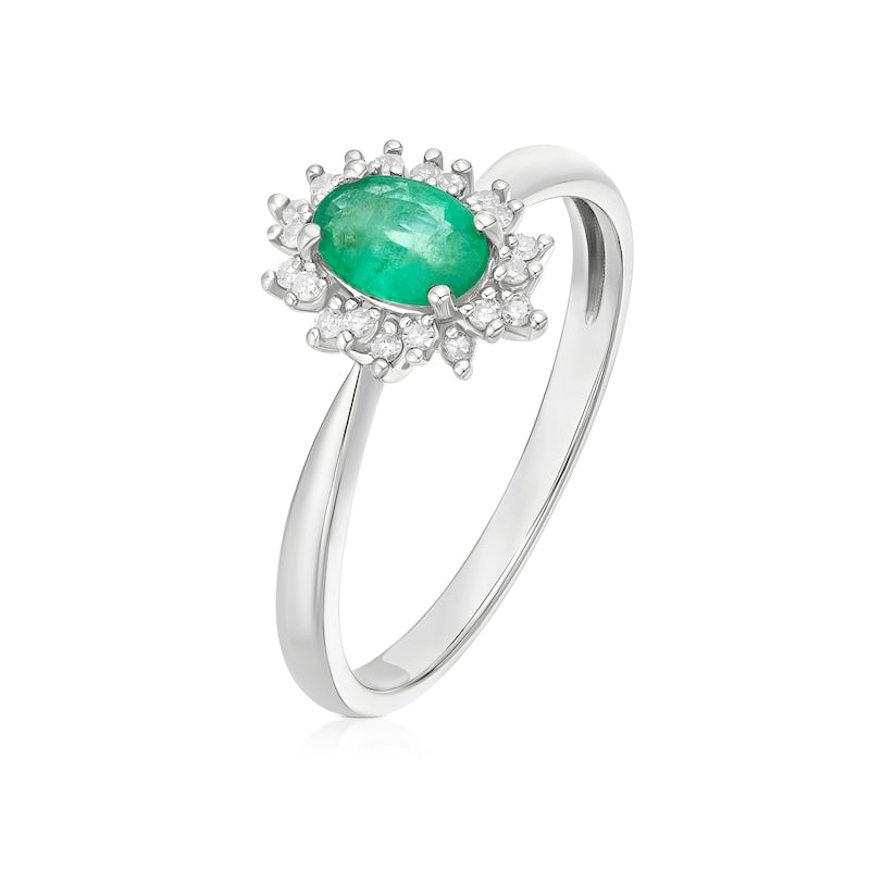 9ct White Gold Emerald & 0.07ct Diamond Halo Ring