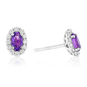 9ct White Gold Amethyst & 0.20ct Diamond Halo Earrings