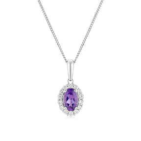 9ct White Gold Amethyst & 0.15ct Diamond Halo Pendant