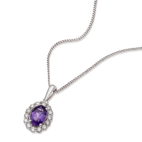 9ct White Gold Amethyst & 0.15ct Diamond Halo Pendant