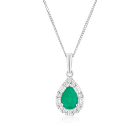 9ct White Gold Emerald 0.15ct Diamond Pear Shaped Halo Pendant
