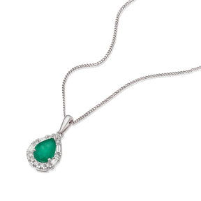 9ct White Gold Emerald 0.15ct Diamond Pear Shaped Halo Pendant