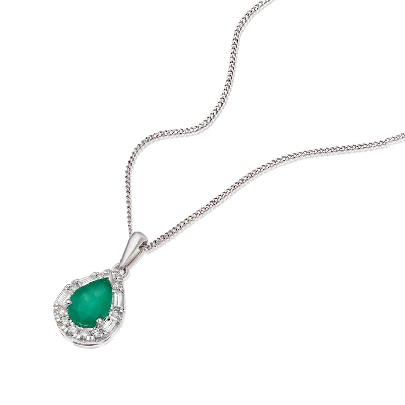 9ct White Gold Emerald 0.15ct Diamond Pear Shaped Halo Pendant