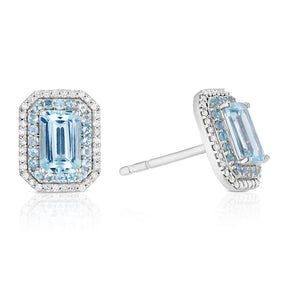 9ct White Gold Aquamarine 0.12ct Diamond Double Halo Earrings