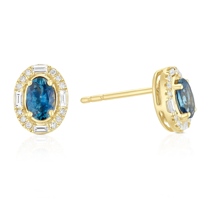 9ct Yellow Gold Montana Blue Sapphire & 0.15ct Diamond Oval Stud Earrings