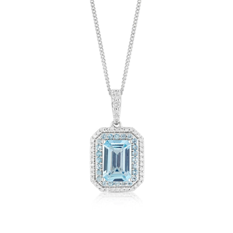 9ct White Gold Aquamarine & 0.10ct Diamond Double Halo Pendant