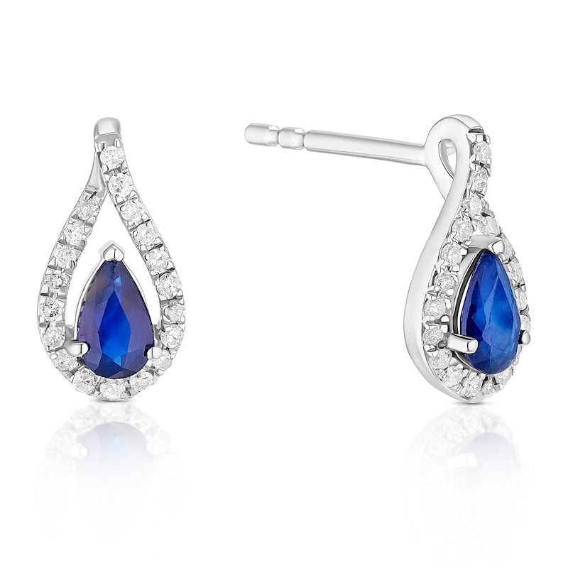 9ct White Gold Sapphire 0.15ct Diamond Halo Earrings