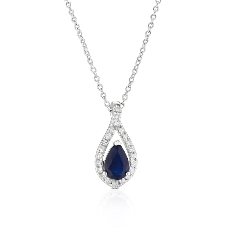 9ct White Gold 18" Sapphire 0.10ct Diamond Halo Pendant