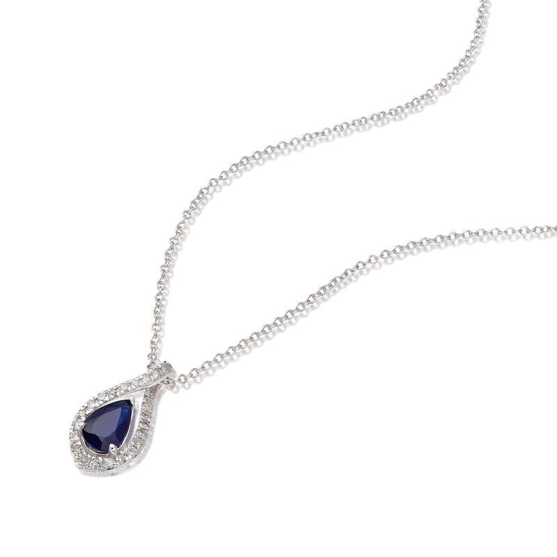 9ct White Gold 18" Sapphire 0.10ct Diamond Halo Pendant
