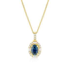 9ct Yellow Gold Montana Blue Sapphire & 0.10ct Diamond Oval Shaped Necklace
