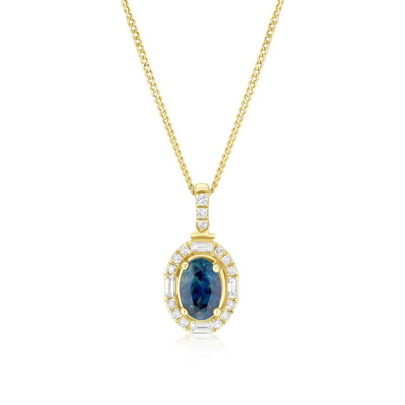 9ct Yellow Gold Montana Blue Sapphire & 0.10ct Diamond Oval Shaped Necklace