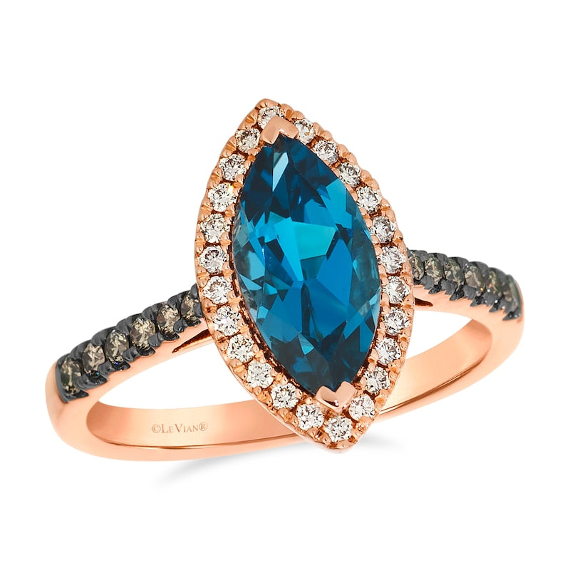 Le Vian 14ct Rose Gold Deep Sea Blue Topaz & 0.30ct Diamond Halo Ring