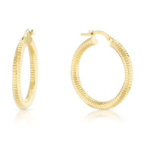 9ct Yellow Gold Linear Textured Round Hoop Earrings