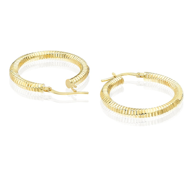 9ct Yellow Gold Linear Textured Round Hoop Earrings