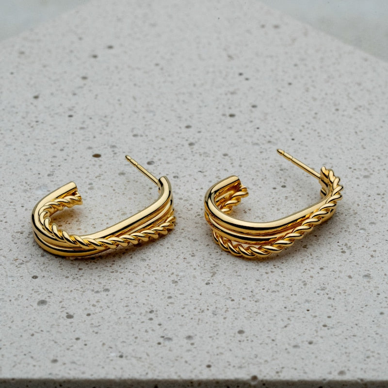 KLEORA CONTORTO Modern Electrum™ Rope & Polished Rectangular Crossover Hoop Earrings