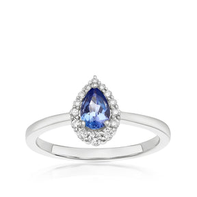 9ct White Gold Tanzanite 0.12ct Diamond Pear Shaped Halo Ring