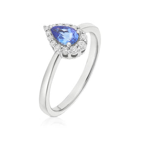9ct White Gold Tanzanite 0.12ct Diamond Pear Shaped Halo Ring