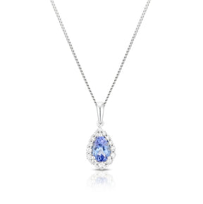 9ct White Gold Tanzanite 0.12ct Diamond Pear Shaped Halo Pendant