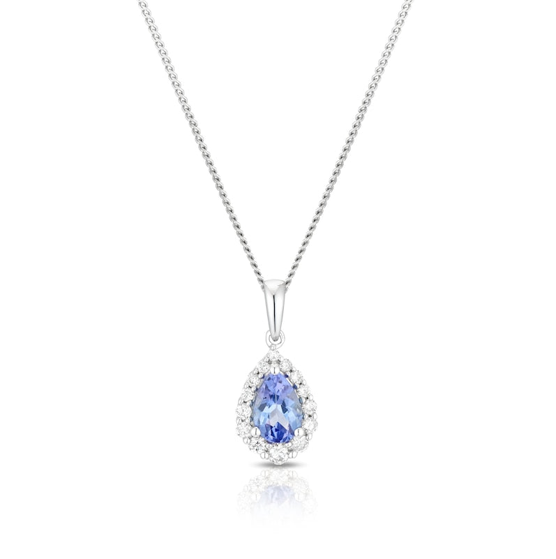 9ct White Gold Tanzanite 0.12ct Diamond Pear Shaped Halo Pendant