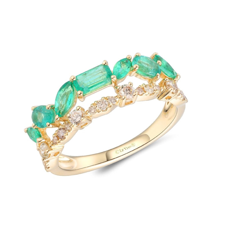 Le Vian 14ct Yellow Gold Costa Smeralda Emerald & 0.25ct Diamond Two Row Ring