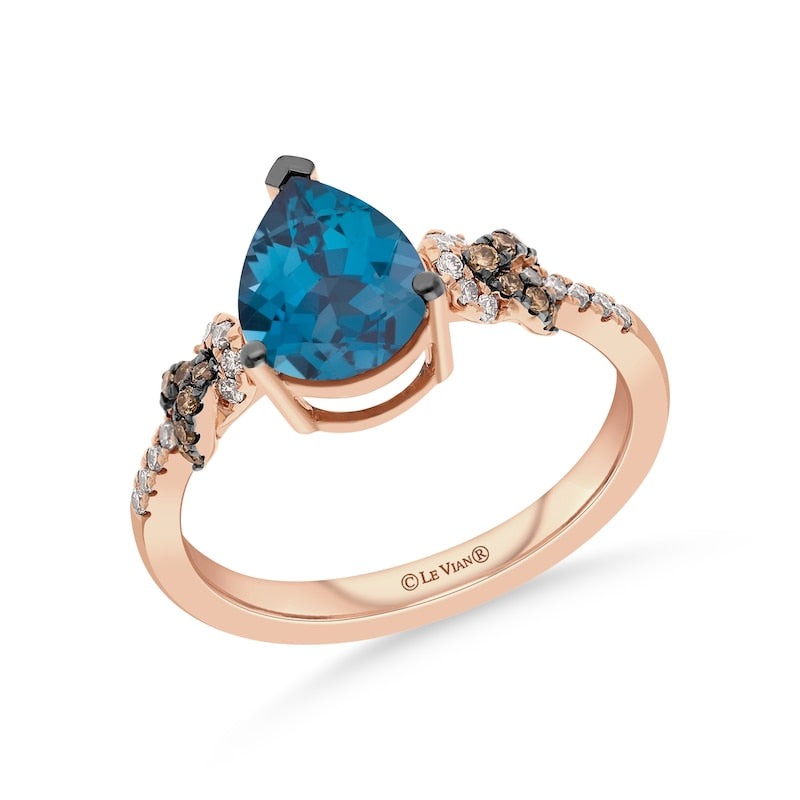 Le Vian 14ct Rose Gold Deep Sea Blue Topaz & 0.20ct Diamond Trilogy Ring