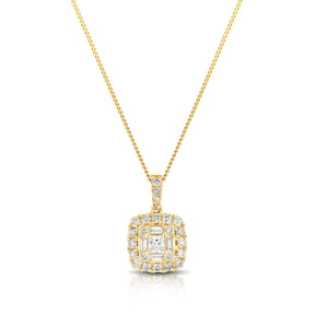 9ct Yellow Gold 0.50ct Diamond Cushion Cluster Pendant Necklace
