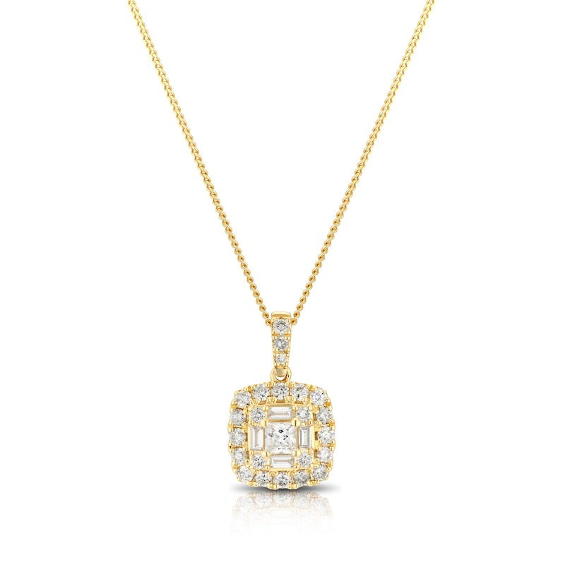 9ct Yellow Gold 0.50ct Diamond Cushion Cluster Pendant Necklace