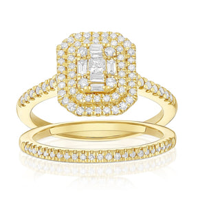 Engagement Ring 18ct Yellow Gold Emerald Shaped Halo Cluster Bridal Set 0.50ct Diamond Ring