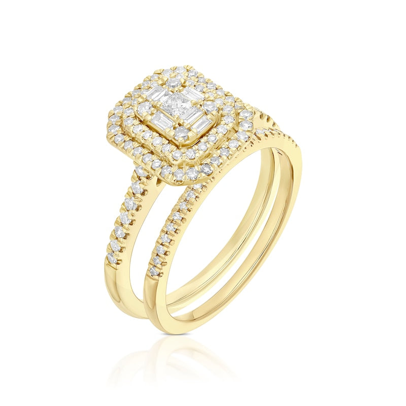 Engagement Ring 18ct Yellow Gold Emerald Shaped Halo Cluster Bridal Set 0.50ct Diamond Ring