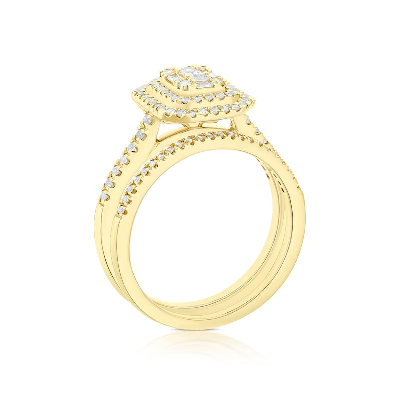 Engagement Ring 18ct Yellow Gold Emerald Shaped Halo Cluster Bridal Set 0.50ct Diamond Ring