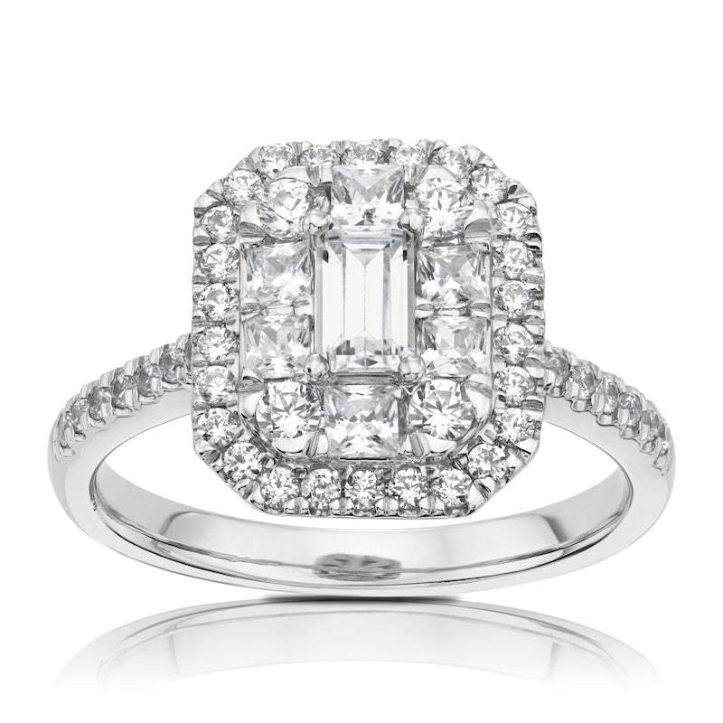 Engagement Ring Platinum Emerald Shape Cluster 1ct Diamond Ring