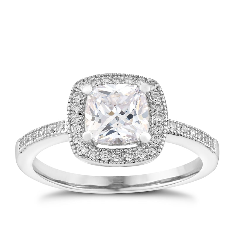 Sterling Silver & Cubic Zirconia Halo Cushion Cut Ring
