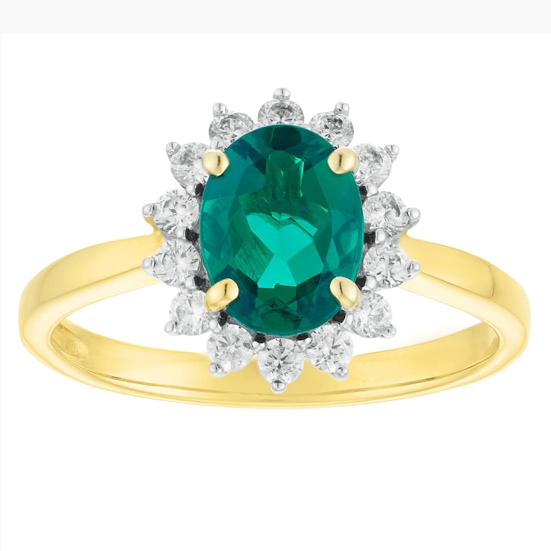 9ct Gold Created Emerald & Cubic Zirconia Halo Ring
