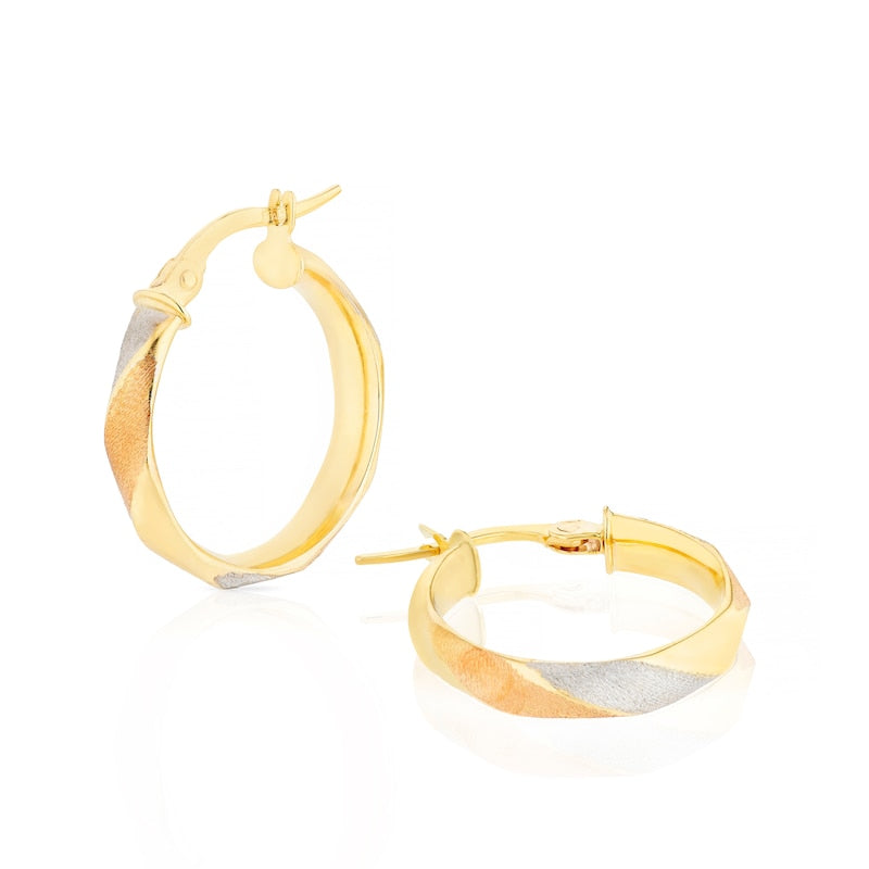 9ct Tri Gold Textured Hoop Earrings