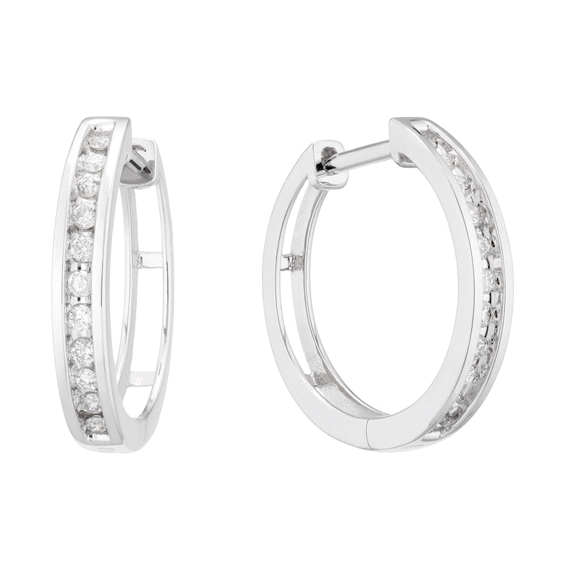 9ct White Gold 0.15ct Diamond Channel Set 10mm Hoop Earrings