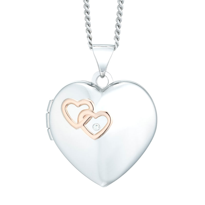 Sterling Silver & 9ct Rose Gold 18" Diamond Heart Locket
