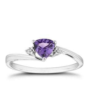 9ct White Gold Trillion Cut Amethyst & Diamond Ring