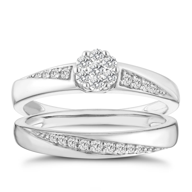 Engagement Ring 9ct White Gold Flower Cluster Bridal Set 0.30ct Diamond Ring