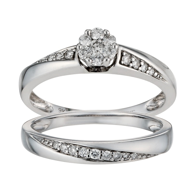 Engagement Ring 9ct White Gold Flower Cluster Bridal Set 0.30ct Diamond Ring