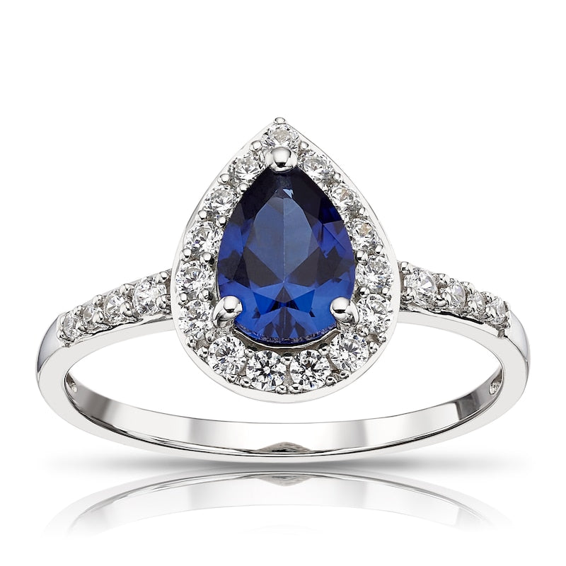 9ct White Gold Created Sapphire & CZ Pear Cluster Ring