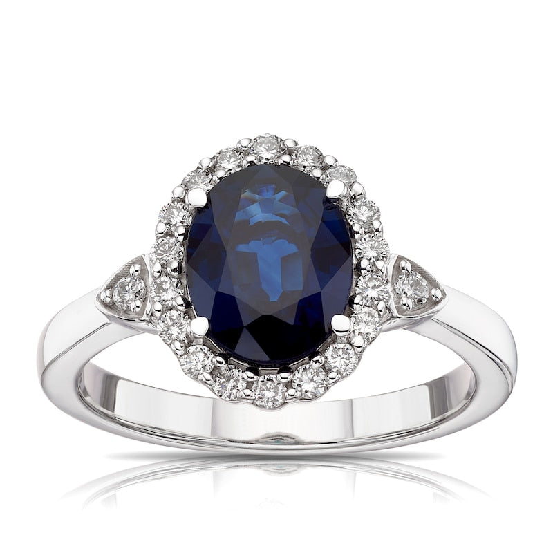 18ct White Gold Sapphire & 0.25ct Diamond Halo Ring