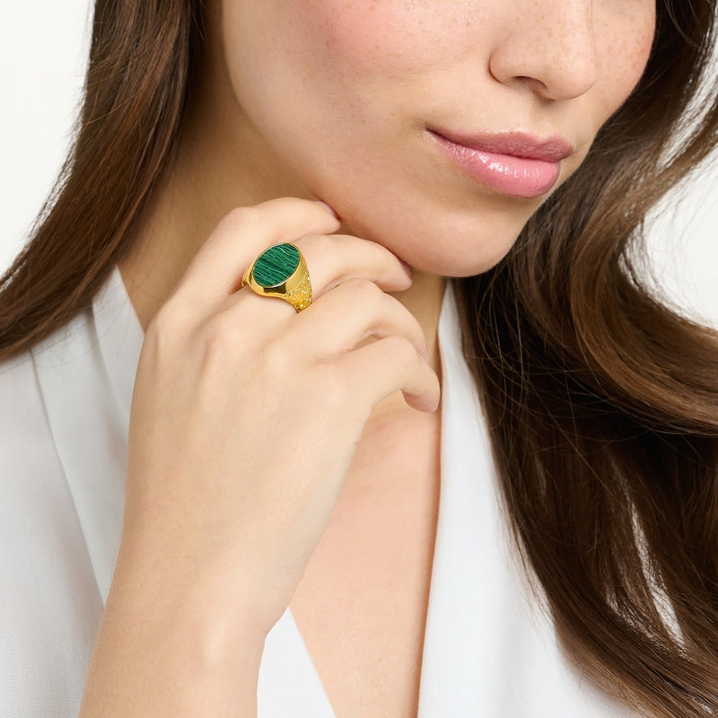 Thomas Sabo 18ct Gold Plated Faux Malachite Signet Ring Size T-U