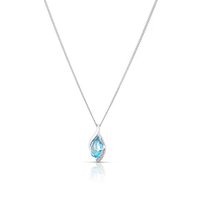 9ct White Gold Swiss Blue Topaz & Diamond Swirl Pendant