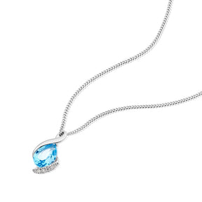 9ct White Gold Swiss Blue Topaz & Diamond Swirl Pendant