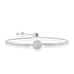 Sterling Silver 11" Pave Cubic Zirconia Disc Adjustable Bracelet
