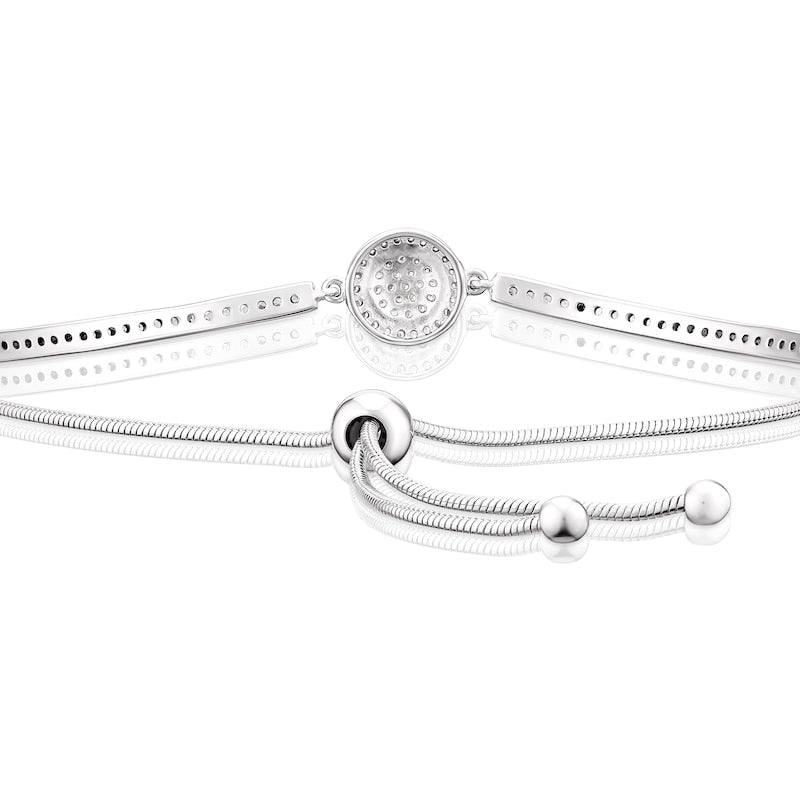 Sterling Silver 11" Pave Cubic Zirconia Disc Adjustable Bracelet